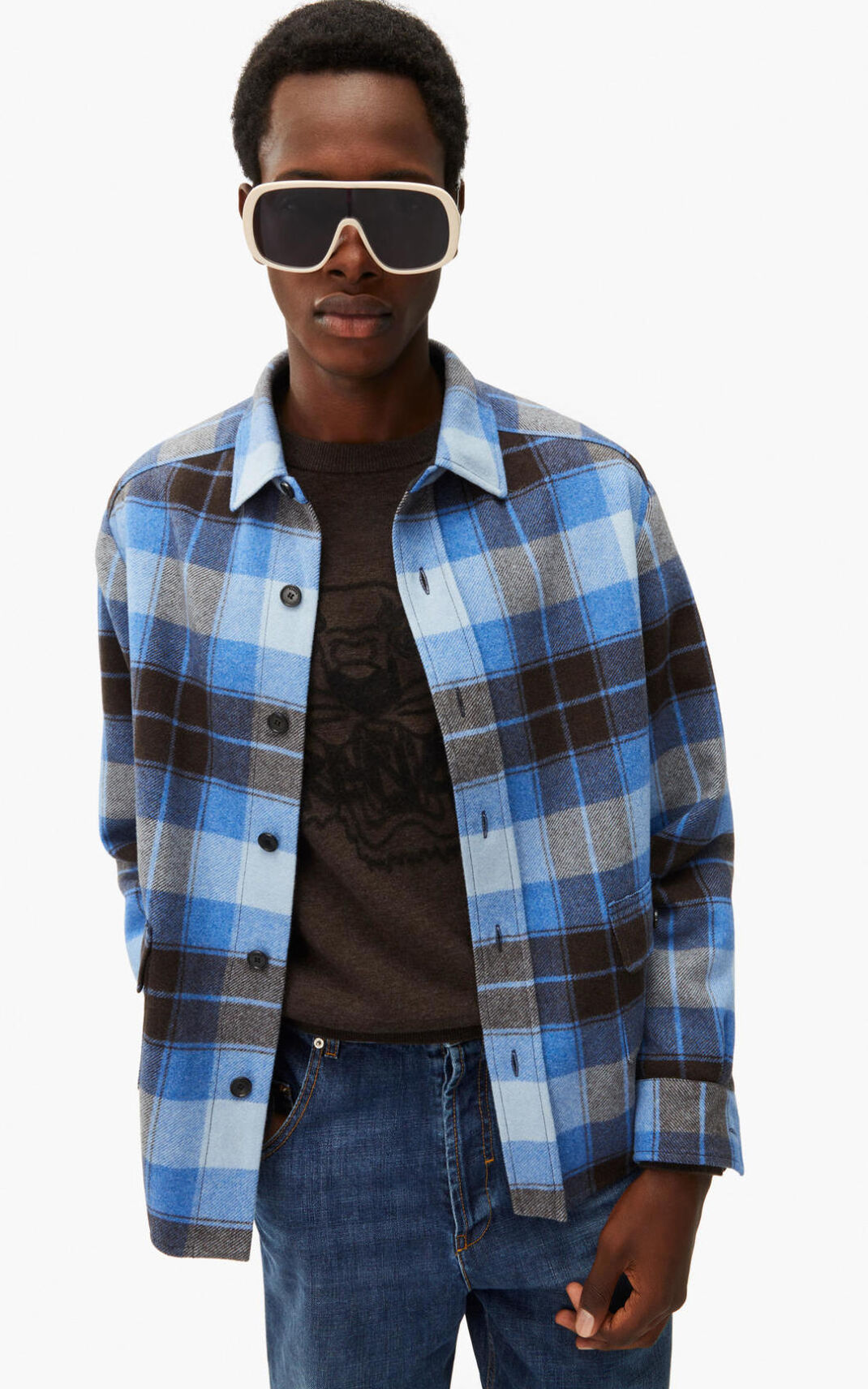 Camisas Kenzo Checked wool Masculino - Azuis | 412THXNGE